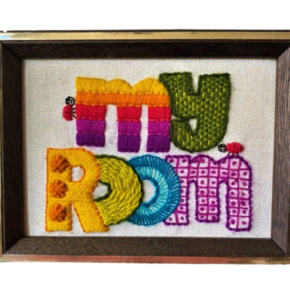 2/$30 Vintage Handmade embroidered framed sign wall/door hanging ladybugs - Picture 3 of 12